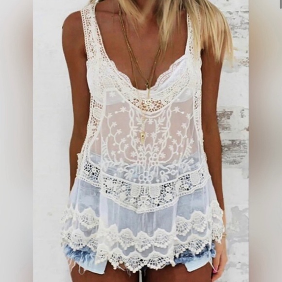 Figleaffashion Tops New Bohemian Crochet Lace Racerback Tank Top